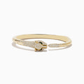 The Signature 14K Yellow Gold Diamond and Emerald Panther Open Bangle features a panther head and paw with diamond accents, emerald-green eyes, and black detailing on the face.