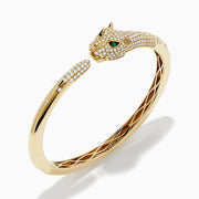 The Signature 14K Yellow Gold Diamond and Emerald Panther Open Bangle features a panther head and paw with diamond accents, emerald-green eyes, and black detailing on the face.