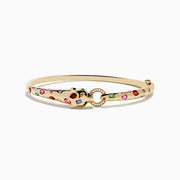The Signature 14K Gold Multi Sapphire and Diamond Panther Bangle features a panther head clasp adorned with multi sapphire gemstones and a circular diamond-set ring.