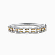 Introducing the 14K Two Tone Diamond Chain-Link Bangle: a refined bracelet crafted with alternating gold and silver rectangular links, each embellished with delicate diamonds for an elegant, luxurious look against a white background.