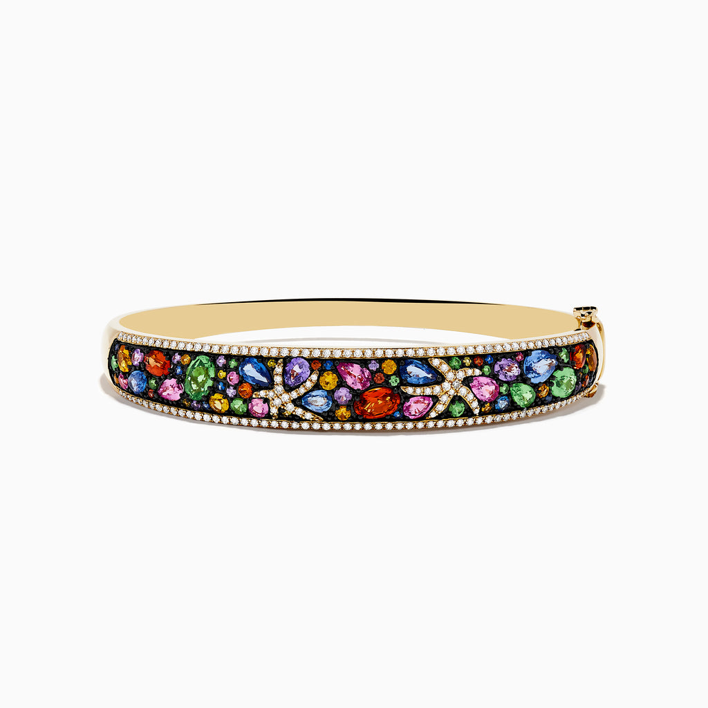 The Watercolors 14K Yellow Gold Multi Sapphire and Diamond Starfish Bracelet features a vibrant starfish design with colorful sapphires and sparkling diamonds on a rich, dark backdrop.