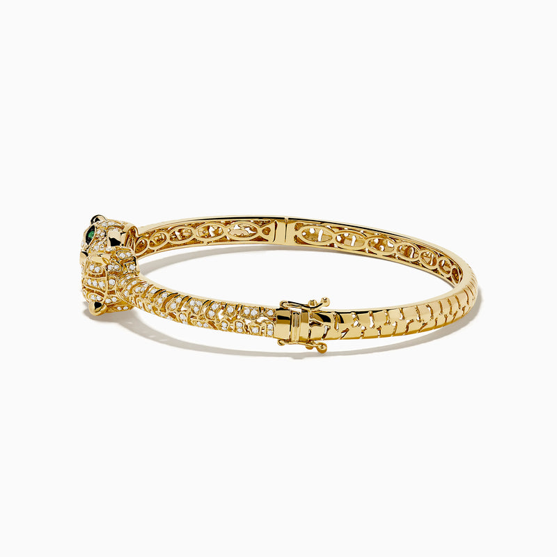 The Signature 14K Yellow Gold Emerald and Diamond Panther Bangle features two facing leopard heads with emerald-green eyes and pavé-set diamonds along the band, inspired by the iconic panther design.
