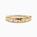 The Watercolors 14K Yellow Gold Multi Sapphire Diamond Bangle features sparkling diamonds and vibrant multi-colored sapphires in various shapes, all set against a plain white background.