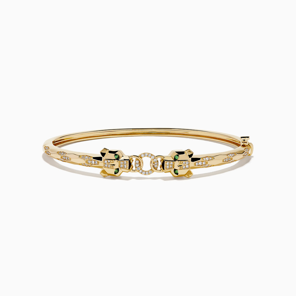 The Signature 14K Gold Diamond and Tsavorite Double Panther Head Bangle features two intertwined bands with geometric black and green enamel, diamond accents, and a panther motif, shown on a white background.