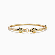 The Signature 14K Gold Diamond and Tsavorite Double Panther Head Bangle features two intertwined bands with geometric black and green enamel, diamond accents, and a panther motif, shown on a white background.