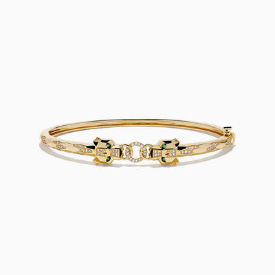The Signature 14K Gold Diamond and Tsavorite Double Panther Head Bangle features two intertwined bands with geometric black and green enamel, diamond accents, and a panther motif, shown on a white background.
