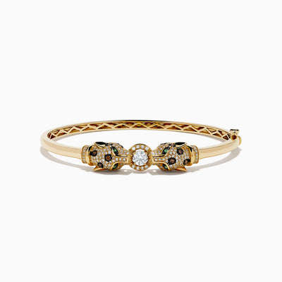 The Signature 14K Gold Emerald, White and Espresso Diamond Double Panther Head Bangle features two panther heads with emerald eyes, set with white and espresso diamonds, facing each other in a striking design.