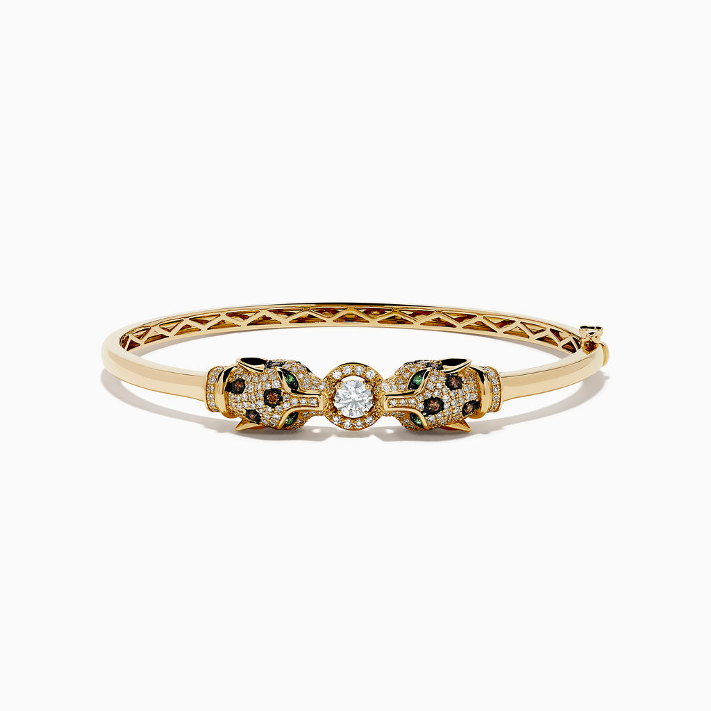 The Signature 14K Gold Emerald, White and Espresso Diamond Double Panther Head Bangle features two panther heads with emerald eyes, set with white and espresso diamonds, facing each other in a striking design.