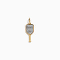 The 14K Yellow Gold Diamond Pave Pickleball Paddle Charm features a diamond-encrusted paddle design with a top loop for chains—ideal pickleball jewelry for enthusiasts, shown on a white background.