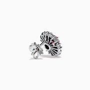 The Ruby Royale 18K White Gold Ruby and Diamond Earrings feature oval red rubies encircled by two halos of sparkling white diamonds, all set in elegant 18K white gold.