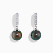 A pair of 14K White Gold Tahitian Pearl and Diamond Dangle Earrings, each featuring a sparkling diamond on the hook above a single dark iridescent Tahitian pearl, displayed against a plain white background.