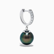 A pair of 14K White Gold Tahitian Pearl and Diamond Dangle Earrings, each featuring a sparkling diamond on the hook above a single dark iridescent Tahitian pearl, displayed against a plain white background.