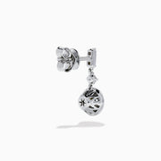 Star Lab Grown Diamond Bezel Solitaire Drop Earrings in 18K White Gold feature a round diamond at the bottom, a marquise-shaped diamond in the middle, and a rectangular diamond at the top, all set against a white background.