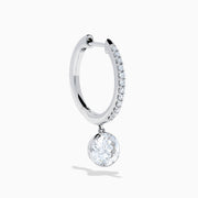 Star Lab Grown Diamond Pave Hoop Solitaire Earrings in 18K White Gold, featuring pavé-set diamonds along the hoop and a large round solitaire gem at the end, displayed on a white background.