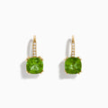 14K Yellow Gold Peridot and Diamond Drop Earrings featuring cushion-cut peridots and round diamonds along the hooks, shown on a white background.