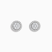 The Bouquet 14K White Diamond Cluster Stud Earrings (0.95TCW) showcase sparkling diamonds set in concentric circles on a white gold base, elegantly displayed against a plain white background.