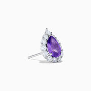 The 18K White Gold Purple Sapphire and Diamond Halo Earrings showcase teardrop-shaped purple sapphires encircled by sparkling diamonds, set against a white background.