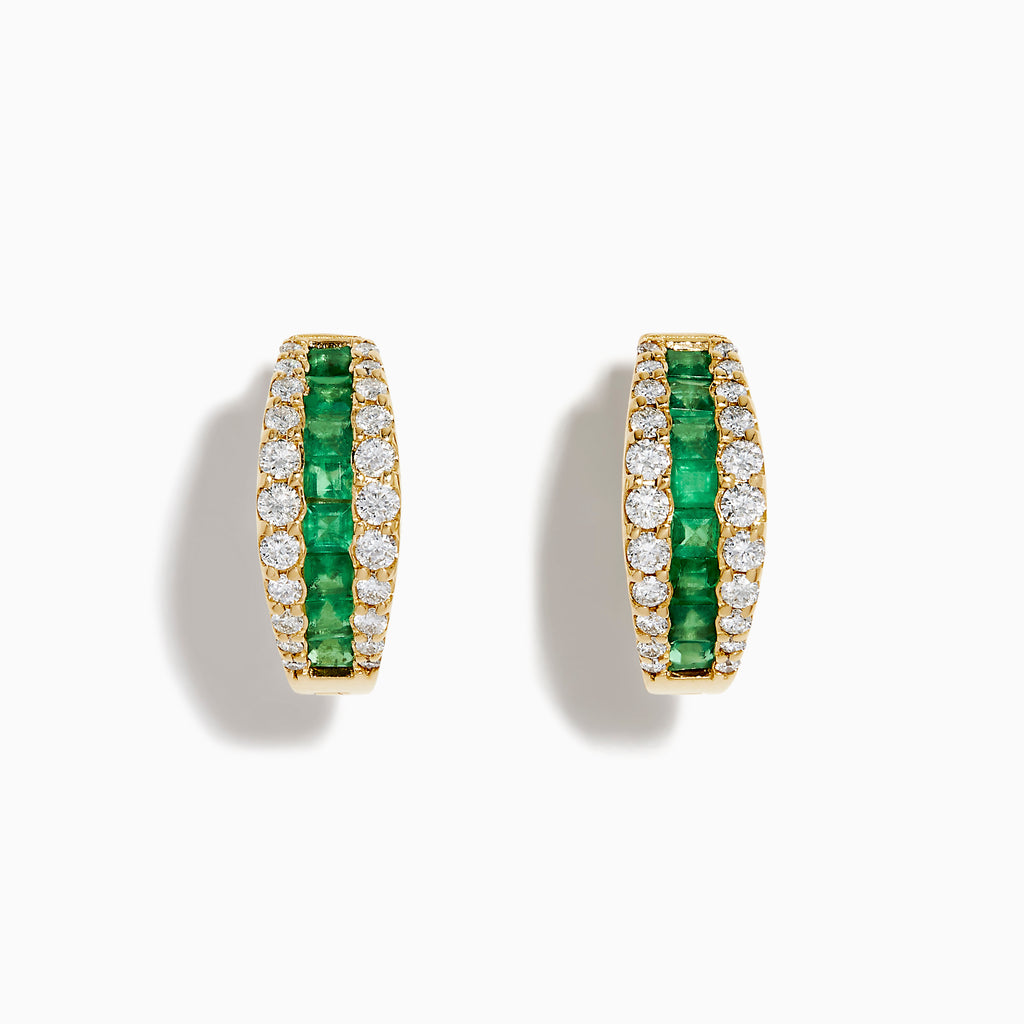 The Brasilica 14K Yellow Gold Emerald and Diamond Huggie Earrings feature a central row of green emeralds bordered by two rows of small white diamonds, shown on a white background.