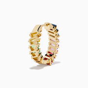 The Watercolors 14K Yellow Gold Multi Sapphire Inside-Out Hoop Earrings feature vertically arranged rectangular sapphires in blue, purple, pink, and red gradients on a white background.