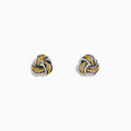The 14K White Gold Yellow Diamond Love Knot Earrings feature an intricate love knot design with polished and textured finishes, crafted in 14K white gold, and are shown on a plain white background.