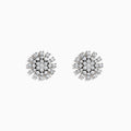 The 14K White Gold Diamond Firework Stud Earrings are shown against a white background, each featuring multiple sparkling diamonds set in a round, starburst-inspired floral cluster.