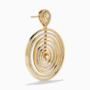 The 14K Yellow Gold Diamond Concentric Circle Drop Earrings feature sparkling diamond-outlined rings with single diamonds at the center and top—an elegant choice for any occasion.