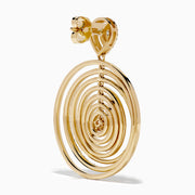 The 14K Yellow Gold Diamond Concentric Circle Drop Earrings feature sparkling diamond-outlined rings with single diamonds at the center and top—an elegant choice for any occasion.