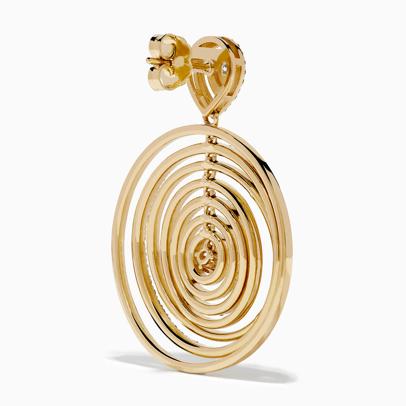The 14K Yellow Gold Diamond Concentric Circle Drop Earrings feature sparkling diamond-outlined rings with single diamonds at the center and top—an elegant choice for any occasion.
