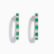 The 14K White Gold Emerald & Diamond Hoop Earrings, 3.58 TCW, feature alternating emerald and diamond gemstones set in white gold hoops, displayed on a white background with visible shadows.