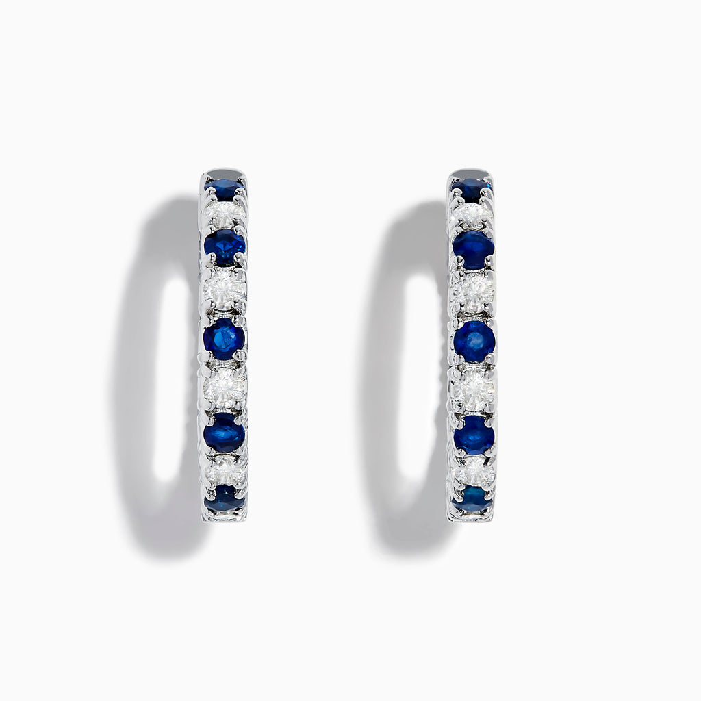 A pair of 14K White Gold Blue Sapphire & Diamond Hoop Earrings, 3.58 TCW, showcased against a plain white background.