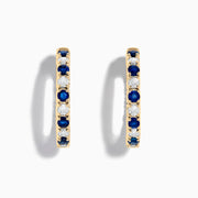 14K Yellow Gold Blue Sapphire & Diamond Hoop Earrings, 3.58 TCW, with alternating round blue sapphires and white diamonds, displayed on a plain white background.