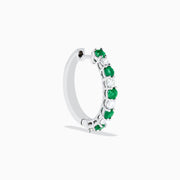 The 14K White Gold Emerald & Diamond Hoop Earrings, 1.35 TCW, feature alternating round emeralds and diamonds, showcased on a white background.