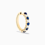 14K Yellow Gold Blue Sapphire & Diamond Hoop Earrings, 1.35 TCW, featuring alternating round blue sapphires and clear diamonds, shown against a plain white background.