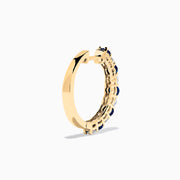 14K Yellow Gold Blue Sapphire & Diamond Hoop Earrings, 1.35 TCW, featuring alternating round blue sapphires and clear diamonds, shown against a plain white background.