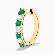 14K Yellow Gold Emerald & Diamond Hoop Earrings, 1.10 TCW, featuring alternating emerald and diamond stones, are shown on a white background with soft shadows.