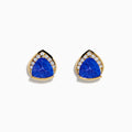 14K Yellow Gold Tanzanite and Diamond Earrings feature blue, triangle-shaped tanzanite gemstones bordered by round white diamonds; shown on a plain white background.