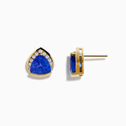 14K Yellow Gold Tanzanite and Diamond Earrings feature blue, triangle-shaped tanzanite gemstones bordered by round white diamonds; shown on a plain white background.