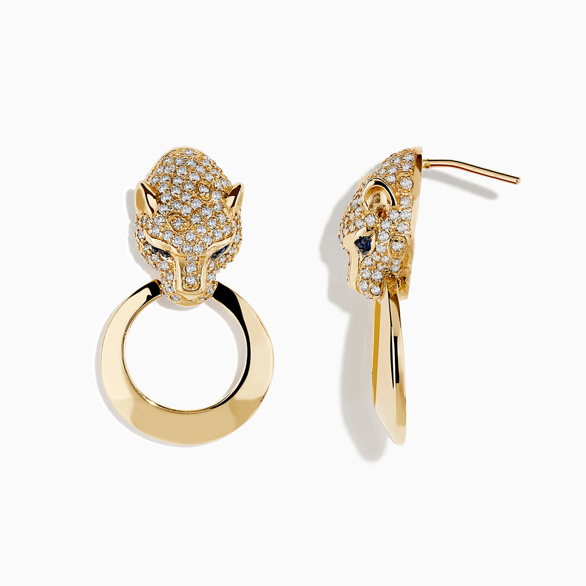 Signature 14K Yellow Gold Sapphire and Diamond Panther Earrings, shaped like panther heads with sparkling stones and gold hoops, are displayed on a white background.