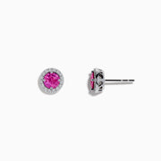 14K White Gold Pink Sapphire and Diamond Stud Earrings with round pink sapphires encircled by diamond halos, shown against a plain white background.