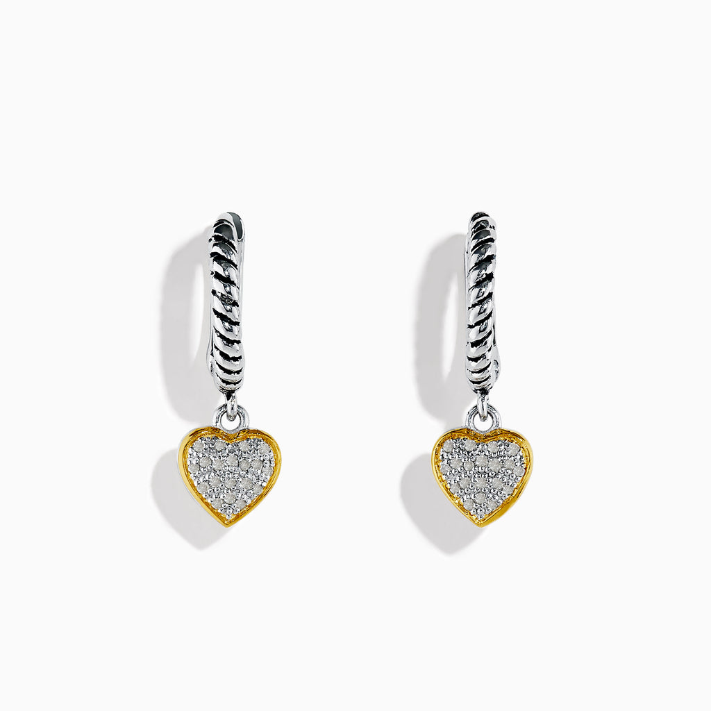 925 Sterling Silver and 18K Yellow Gold Diamond Heart Drop Earrings featuring twisted hoops with diamond-encrusted heart pendants, displayed against a white background.