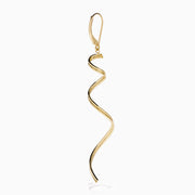 The 14K Yellow Gold Swirl Linear Drop Earrings feature a long, twisted spiral design and are shown against a plain white background.