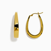 The 14K Yellow Gold Oval Hoop Earrings feature a sleek, modern tapered flat-edge design and are displayed against a white background.