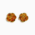 14K Yellow Gold Flower Earrings shaped like roses feature layered, polished petals and are displayed on a white background.