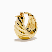 The 14K Yellow Gold Graduated Design Huggie Earrings feature a shiny, chunky twisted spiral design and are shown against a white background.