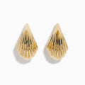 A pair of 14K yellow gold shrimp stud earrings, gleaming against a plain white background.