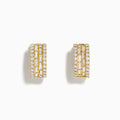 The DOro 14K Yellow Gold Diamond Huggie Earrings feature rows of rectangular and round clear gemstones set in a geometric pattern, shown against a white background.