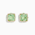 The 14K Yellow Gold Green Amethyst and Diamond Earrings feature square-shaped light green amethysts framed by sparkling white diamonds, set in sleek yellow gold.
