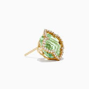The 14K Yellow Gold Green Amethyst and Diamond Earrings feature square-shaped light green amethysts framed by sparkling white diamonds, set in sleek yellow gold.