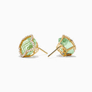 The 14K Yellow Gold Green Amethyst and Diamond Earrings feature square-shaped light green amethysts framed by sparkling white diamonds, set in sleek yellow gold.