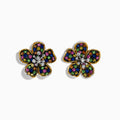 Splash Sterling Silver Diamond, Sapphire & Tsavorite Flower Earrings feature gold-lined petals accented with colorful sapphires and tsavorite stones, plus a cluster of clear diamonds at the center, set against a white background.